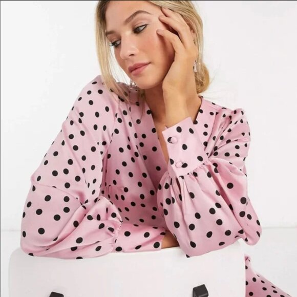 Vero Moda wrap midi dress with ruffle hem in pink polka dot - Picture 3 of 6